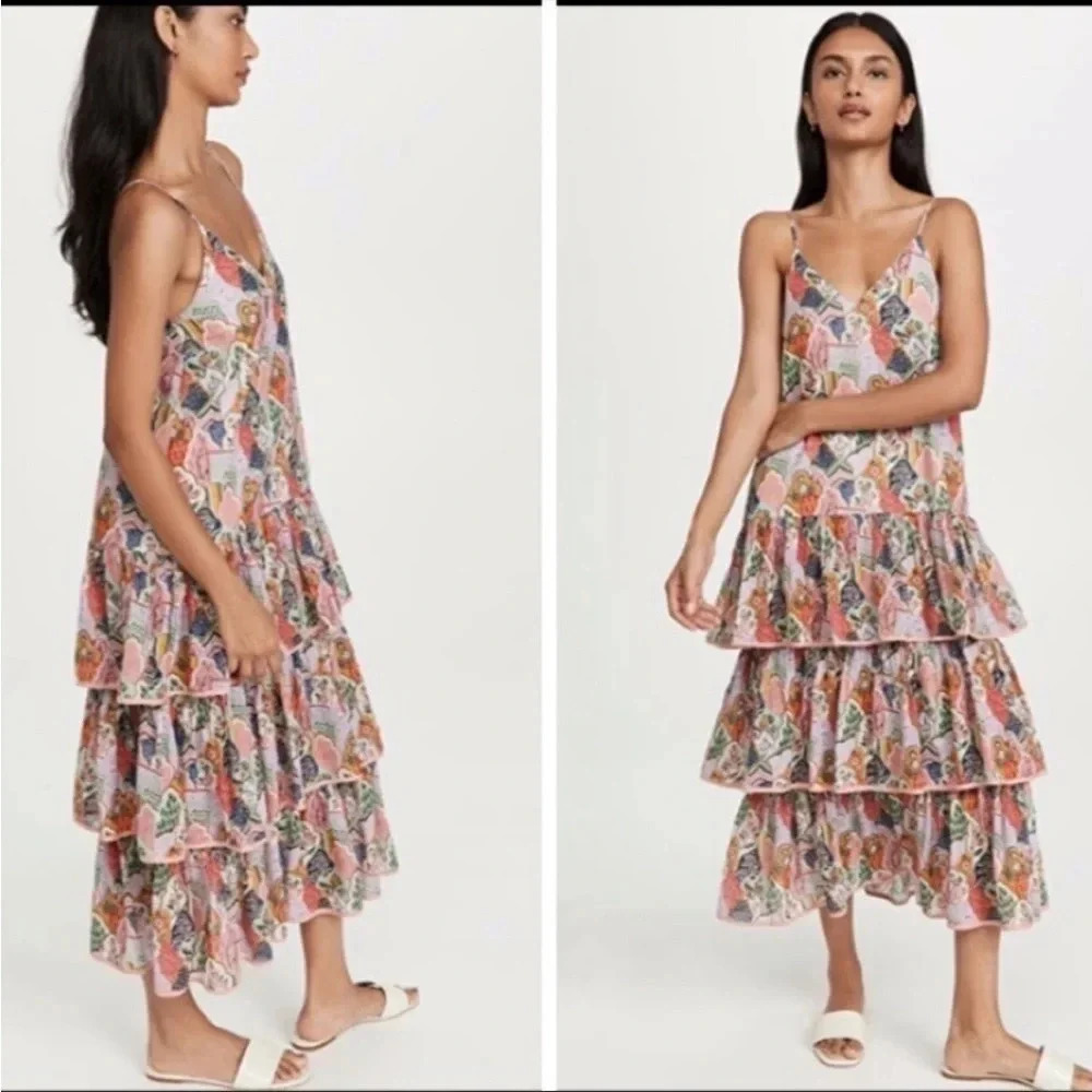 Rhode Vena colorful tiered ruffle midi dress size large